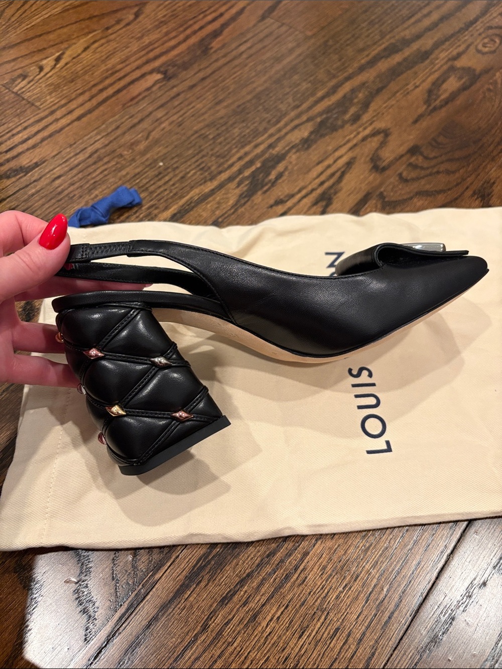 Louis Vuitton Black Leather Peep-Toe Slingback Heels with Silver LV Emblem - Picture 11 of 11